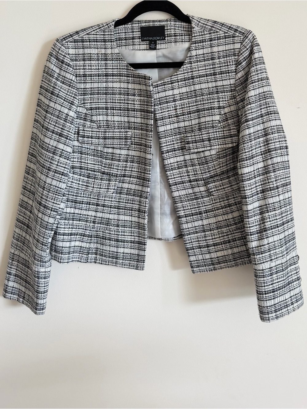 Cynthia Rowley Black and White Tweed Collarless Blazer